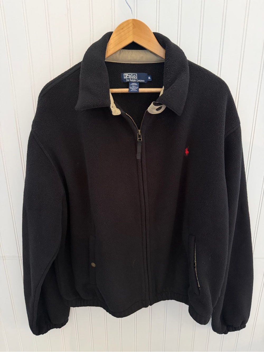 Ralph Lauren Vintage 90’s Men’s Black Fleece Zip-Up Jacket with Red Pony